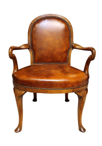 Pair of Walnut Framed Leather Upholstered Armchairs c.1900
