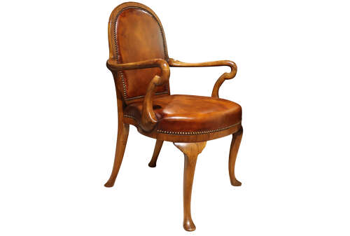 Pair of Walnut Framed Leather Upholstered Armchairs c.1900