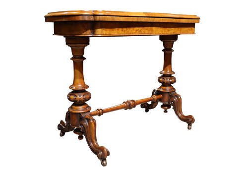 Victorian Burr Walnut Card Table with Fold Over Top & Carved Supports c.1870