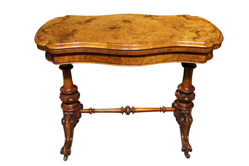 Victorian Burr Walnut Card Table with Fold Over Top & Carved Supports c.1870