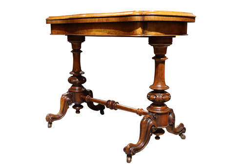 Victorian Burr Walnut Card Table with Fold Over Top & Carved Supports c.1870