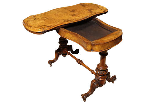 Victorian Burr Walnut Card Table with Fold Over Top & Carved Supports c.1870