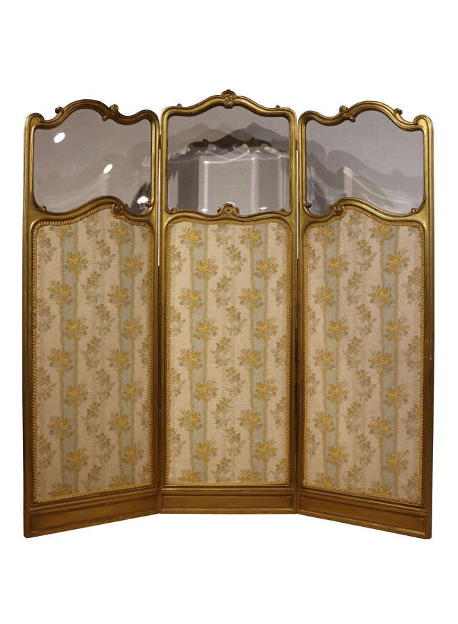Fine French Giltwood Three Fold Screen with Bevelled Glass & Silk Panels c.1870