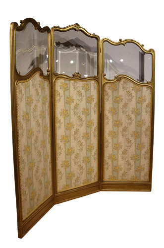 Fine French Giltwood Three Fold Screen with Bevelled Glass & Silk Panels c.1870