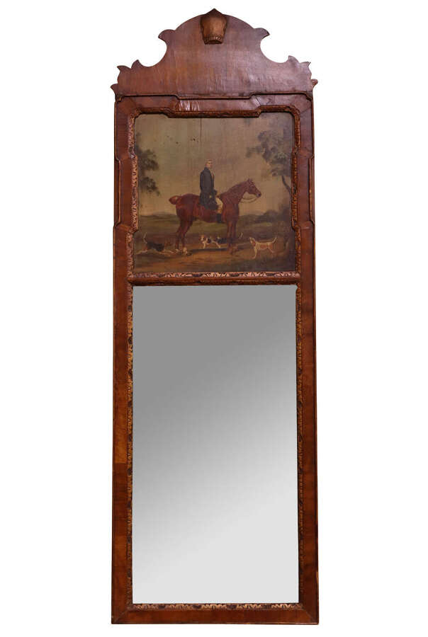 Early 20thc Queen Anne Revival Walnut Pier Glass Mirror with Equestrian Oil Painting