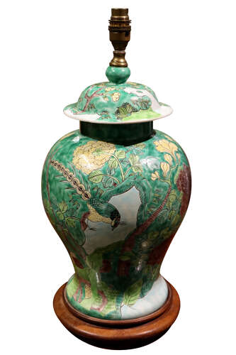 Large Chinese Hand Painted Porcelain Ginger Jar Table Lamp on Hardwood Base