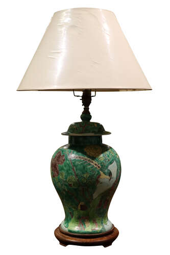 Large Chinese Hand Painted Porcelain Ginger Jar Table Lamp on Hardwood Base