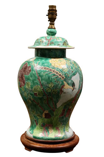 Large Chinese Hand Painted Porcelain Ginger Jar Table Lamp on Hardwood Base
