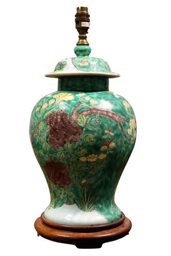 Large Chinese Hand Painted Porcelain Ginger Jar Table Lamp on Hardwood Base