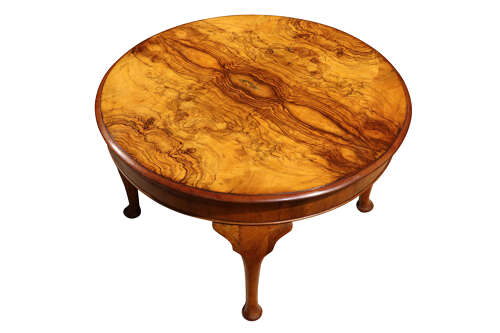 Fine 1920s Figured Walnut Circular Coffee Table with Book-Matched Top