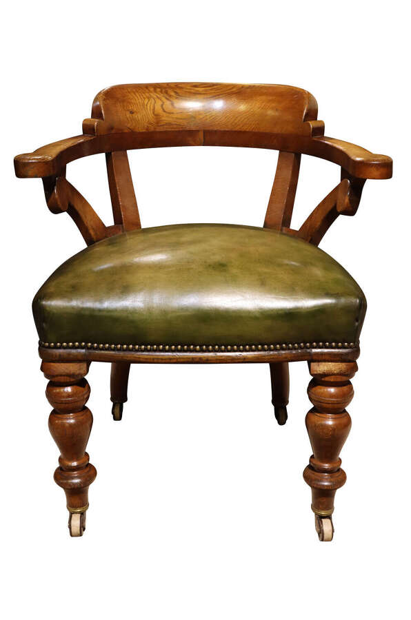 Fine Victorian Golden Oak Library Chair in Green Leather, c.1870