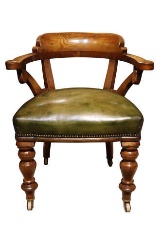 Fine Victorian Golden Oak Library Chair in Green Leather, c.1870