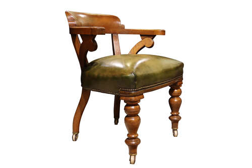 Fine Victorian Golden Oak Library Chair in Green Leather, c.1870