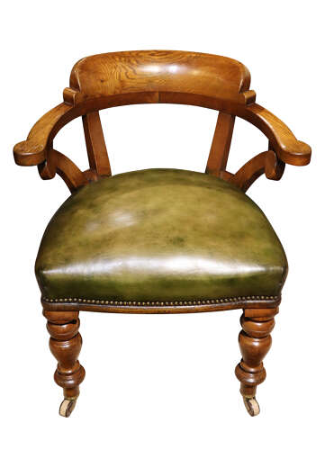 Fine Victorian Golden Oak Library Chair in Green Leather, c.1870