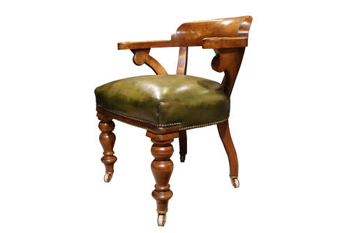 Fine Victorian Golden Oak Library Chair in Green Leather, c.1870