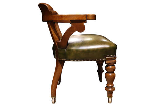 Fine Victorian Golden Oak Library Chair in Green Leather, c.1870