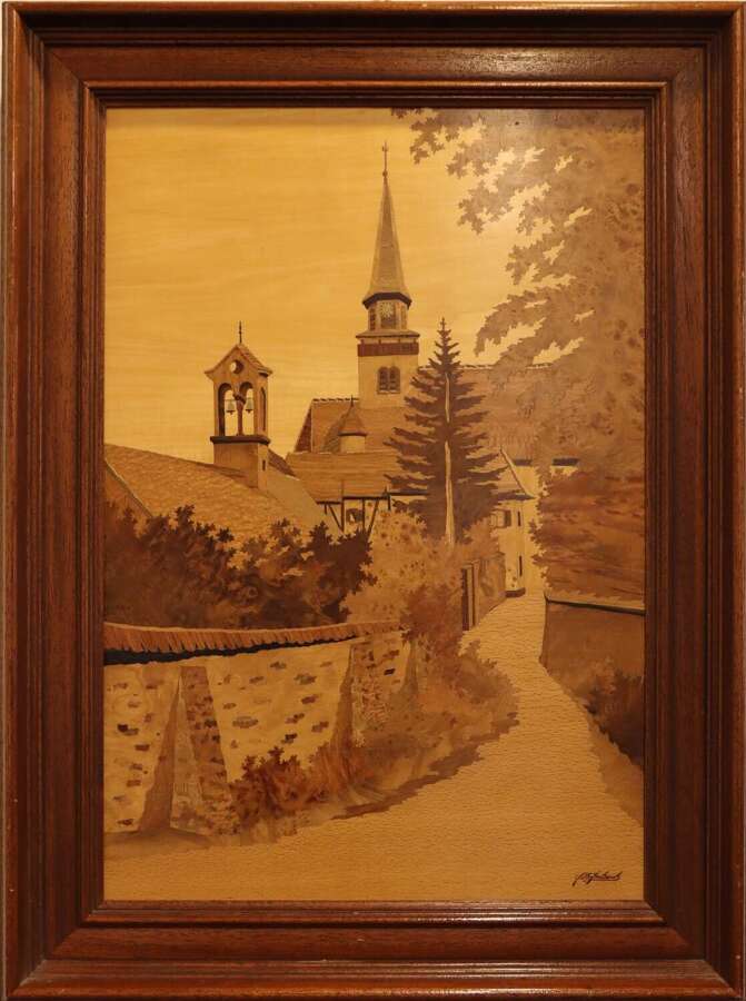 Signed Marquetry Picture of Lauterbourg, France, c.1970