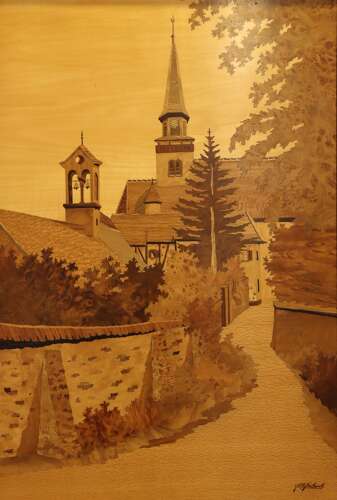 Signed Marquetry Picture of Lauterbourg, France, c.1970