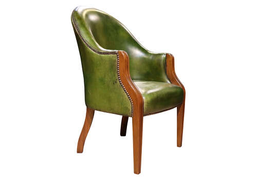 Mahogany Library Armchair Upholstered in Green Leather