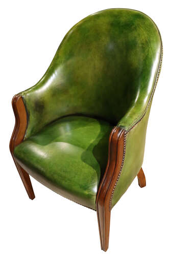 Mahogany Library Armchair Upholstered in Green Leather