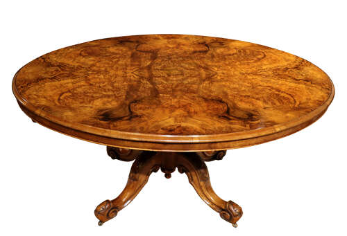 Exceptional Victorian Burr Walnut Oval Breakfast Table on Carved Quadrapod Base, c.1870