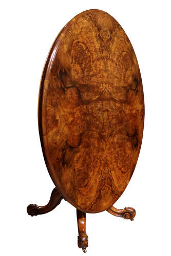 Exceptional Victorian Burr Walnut Oval Breakfast Table on Carved Quadrapod Base, c.1870