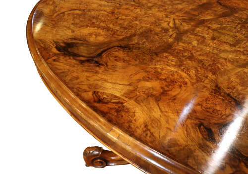 Exceptional Victorian Burr Walnut Oval Breakfast Table on Carved Quadrapod Base, c.1870