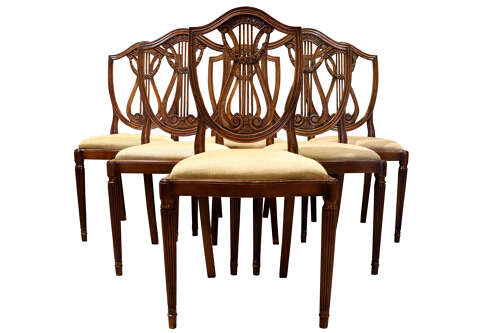 Set of Eight Hepplewhite Style Mahogany Lyre Back Dining Chairs, circa 1930