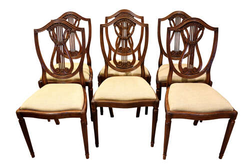 Set of Eight Hepplewhite Style Mahogany Lyre Back Dining Chairs, circa 1930