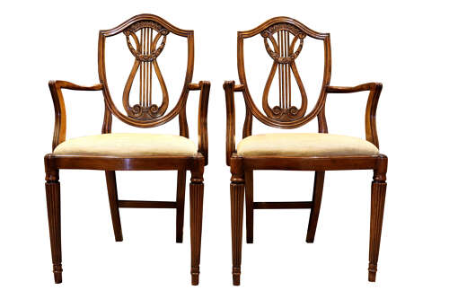 Set of Eight Hepplewhite Style Mahogany Lyre Back Dining Chairs, circa 1930