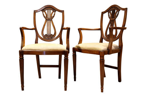 Set of Eight Hepplewhite Style Mahogany Lyre Back Dining Chairs, circa 1930