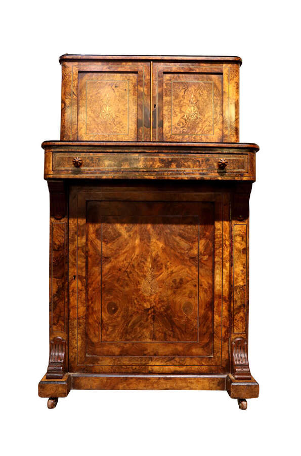Victorian Burr Walnut Bureau de Dame with Brass Inlay, c.1870
