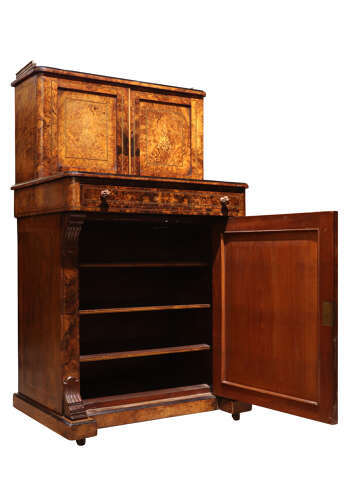 Victorian Burr Walnut Bureau de Dame with Brass Inlay, c.1870