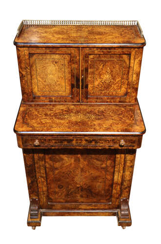 Victorian Burr Walnut Bureau de Dame with Brass Inlay, c.1870