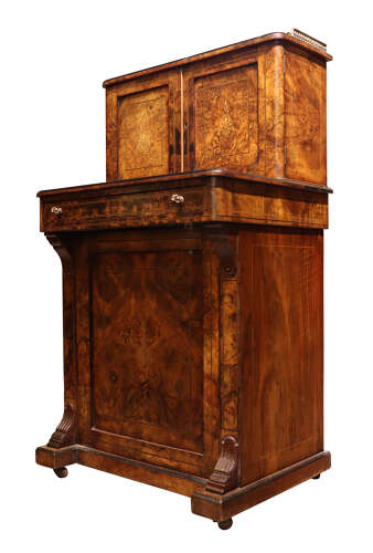 Victorian Burr Walnut Bureau de Dame with Brass Inlay, c.1870