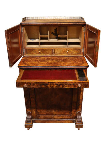 Victorian Burr Walnut Bureau de Dame with Brass Inlay, c.1870