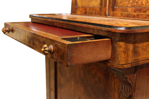 Victorian Burr Walnut Bureau de Dame with Brass Inlay, c.1870