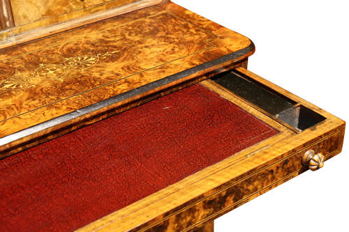 Victorian Burr Walnut Bureau de Dame with Brass Inlay, c.1870