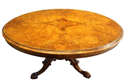 Fine Victorian Burr Walnut Oval Loo Table, c.1870