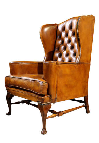 Mahogany & Tan Leather Wingback Armchair