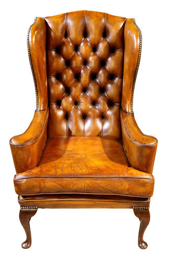 Mahogany & Tan Leather Wingback Armchair