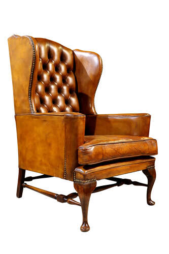 Mahogany & Tan Leather Wingback Armchair