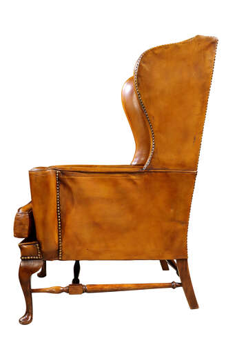 Mahogany & Tan Leather Wingback Armchair