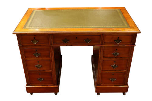Small Edwardian Walnut Nine-Drawer Pedestal Desk, Circa 1900