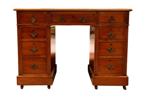 Small Edwardian Walnut Nine-Drawer Pedestal Desk, Circa 1900