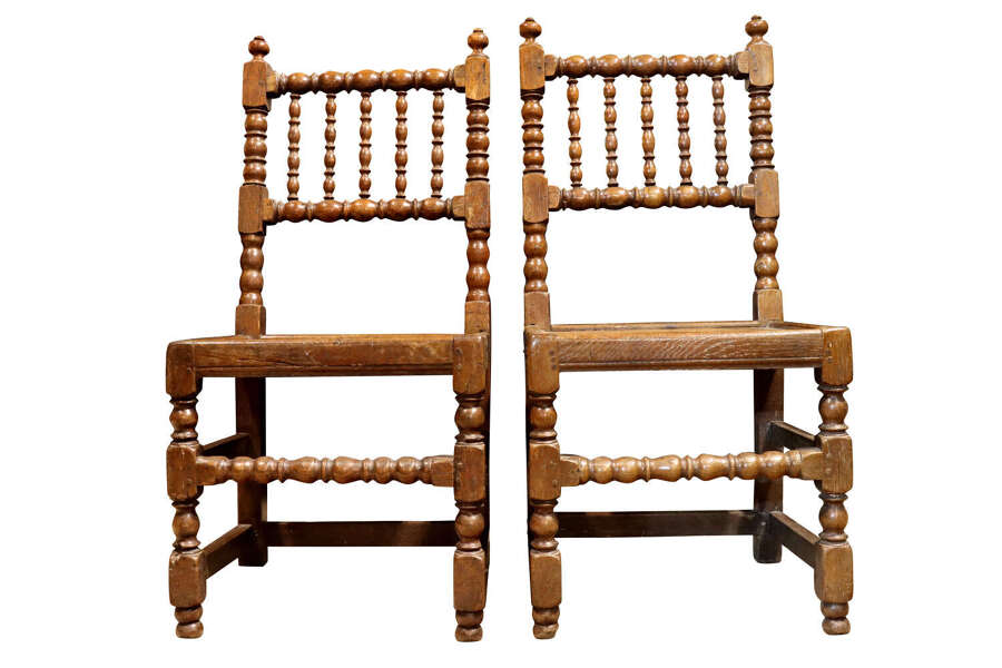 Pair of 18th Century Oak Bobbin Turned Side Chairs, Circa 1750