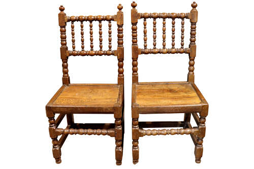 Pair of 18th Century Oak Bobbin Turned Side Chairs, Circa 1750