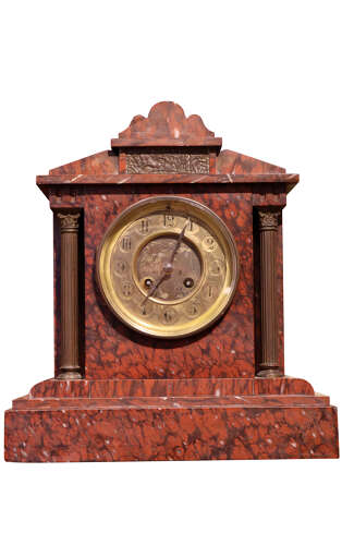 French Rouge Marble and Bronze Mounted Mantel Clock, Circa 1870