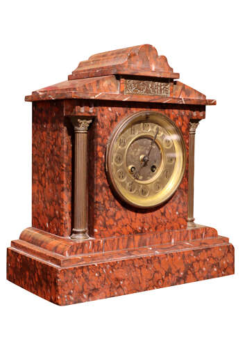 French Rouge Marble and Bronze Mounted Mantel Clock, Circa 1870