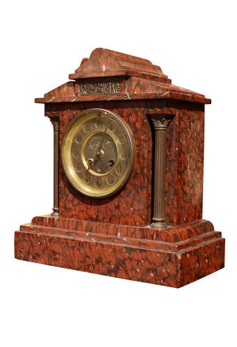 French Rouge Marble and Bronze Mounted Mantel Clock, Circa 1870